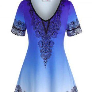 NWT's Rosegal Plus Size Deep Blue & Black Leaves Pattern Top-L-(Size 14)